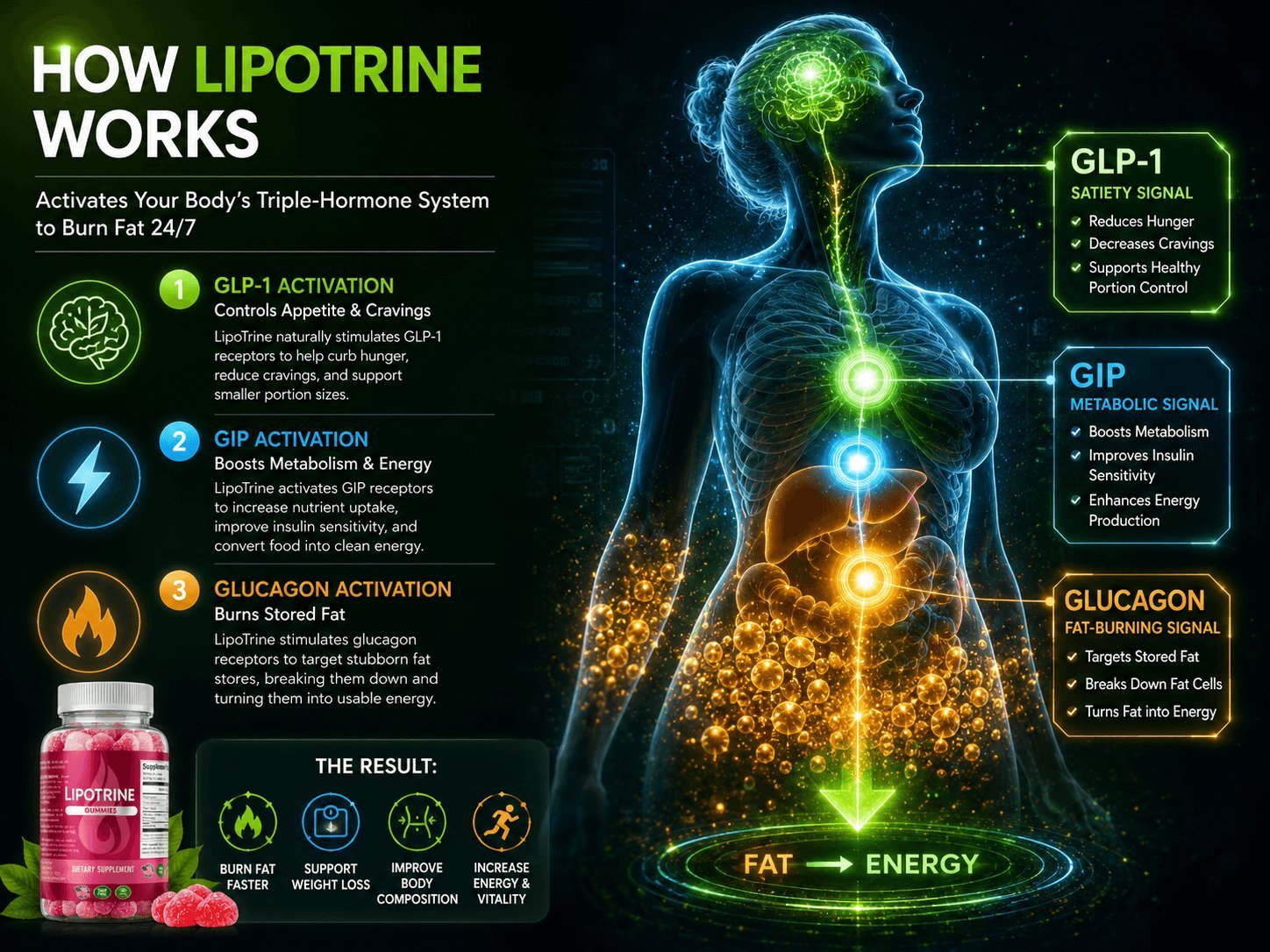 How LipoTrine Triple G gummies work GLP-1 GIP Glucagon activation fat burning process
